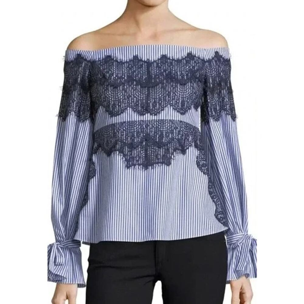 Tanya Taylor Pinstriped Off the Shoulder Lace Isadora Poplin Top Size 8 Blue